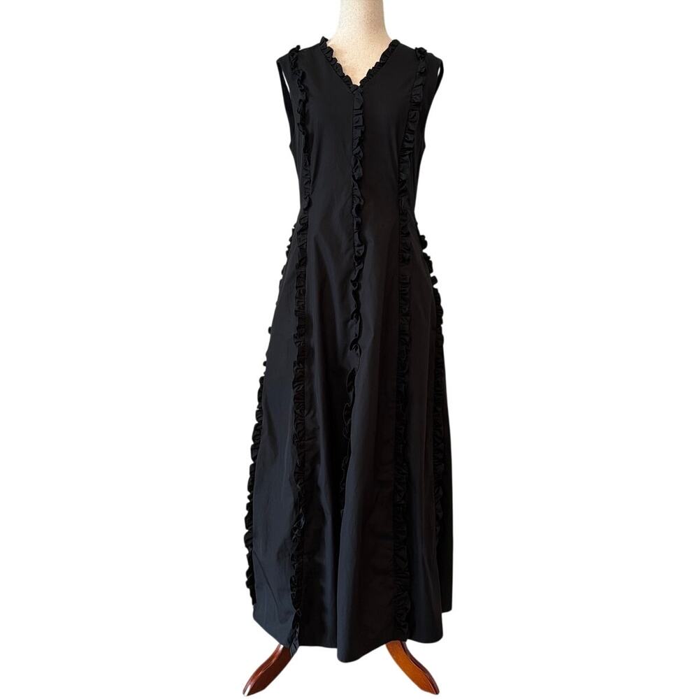 NWOT Max Mara “Milena” Sleeveless Ruffle Midi Dress, Black Cotton, Women’s 8